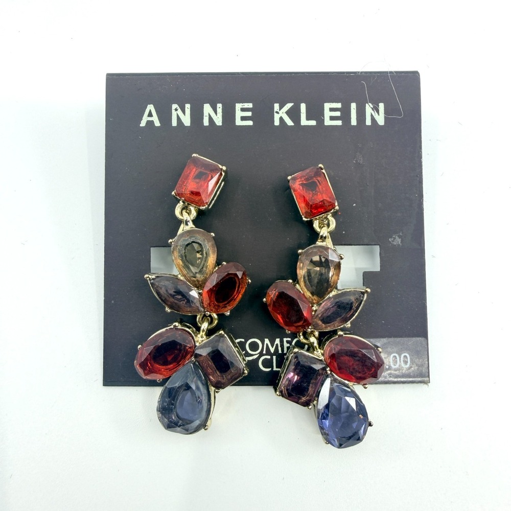 Vintage Anne Klein Clip-On Drop Earrings Multicolor Jewel Cluster Gold Tone